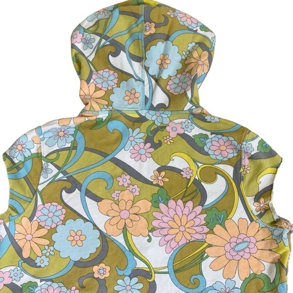 Lucky Brand Y2K Sweatshirt Cap Sleeve Hooded Vest Groovy Flower Power 70s Print - Picture 12 of 16